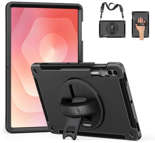 Junfire Hülle Robuste für Samsung Galaxy Tab S11 Ultra (14,6 Zoll) 2025, Stoßfeste Schutzhülle mit Displayschutzfolie, Drehbarer Ständer, Handschlaufe, Schultergurt und Stifthalter – Schwarz