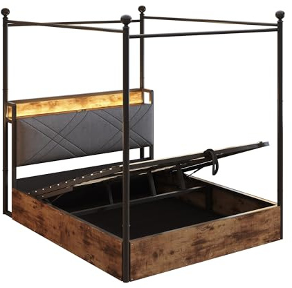 Azkoeesy Himmelbett, LED-Bett, Polsterbett mit bettkasten, 140x190 cm, Jugendbett mit lattenrost und stauraum | ablage | Polster-Kopfteil | LED-Beleuchtung | Braun