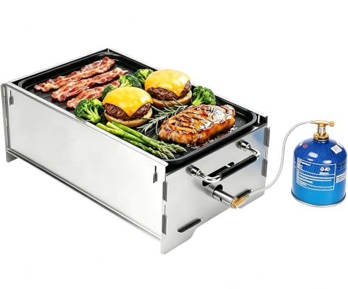 GFTIME Tragbarer gasgrill, Camping grill, Gas & Holzkohlebetrieb Inkl. Gusseisen Grillplatte,Tragetasche, Mobiler Klein grill, Perfekt für Camping, Garten, Balkon, Outdoor,Vierkant-Edelstahl grill