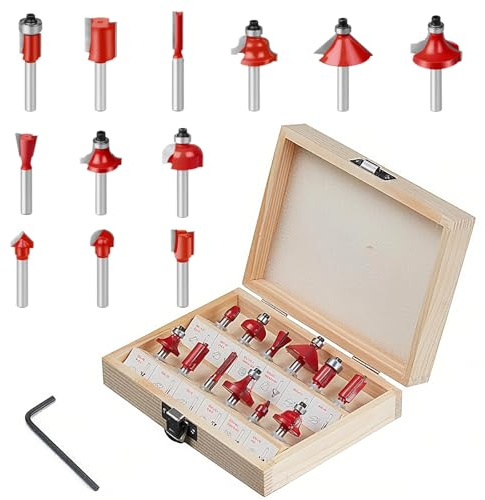Set di 12 Frese in Carburo di Tungsteno per Fresatrice Verticale, Gambo da 6,35 mm, Cassetta in Legno per Punte da Fresa, Accessori Professionali Lavorare Legno, MDF e Plastiche