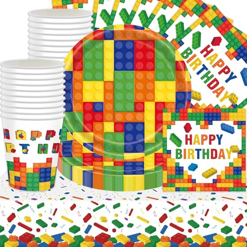 Juego de 61 piezas de vajilla de fiesta, tema de bloque, decoración de cumpleaños para niños, accesorios de fiesta para niños y niñas, platos de colores, taza, mantel (20 invitados)