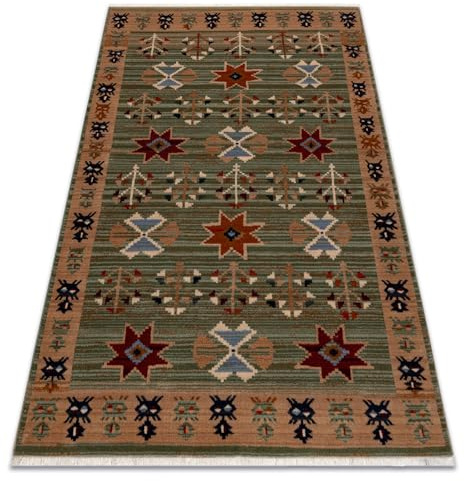 Wollteppich KESHAN für Wohnzimmer Schlafzimmer grün/terrakotta 80x145 cm