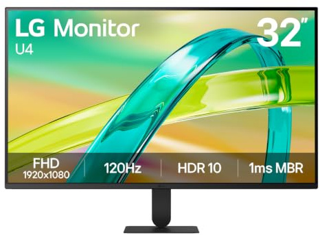 LG 32 Full HD 120Hz Monitor U4 32U401B, sRGB 99%, HDR10, Black | Virtually borderless design, slim stand base, LG Switch multitasking, HDMI 2.0, D-Sub, headphone out, 3500:1 contrast