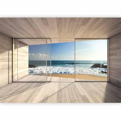 murando - Papier Peint Panoramique Adhésif Paysage 343x256 cm - Murale Autocollante Décoration - Blanc gris marron - Bois vagues mer ciel paysage plage vue depuis la fenêtre eau c-A-0084-a-b