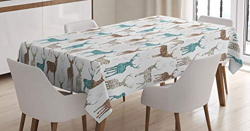 ABAKUHAUS Hirsch Tischdecke, Alt Text Tiere Weihnachten, Inn und Outdoor Bereich geeignet Waschbar Druck Klare Farben Kein Verblassen, 140 x 200 cm, Türkis Beige