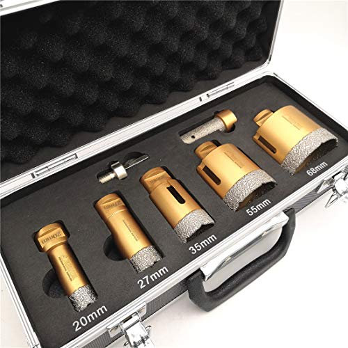 SHDIATOOL 7 Pezzi/Set di Punte Diamantate per Trapano con Alluminio Scatola 20/27/35/55/68mm e 20mm Fresa e Adattatore per Porcellana Piastrella Granito Marmo Taglio a Secco