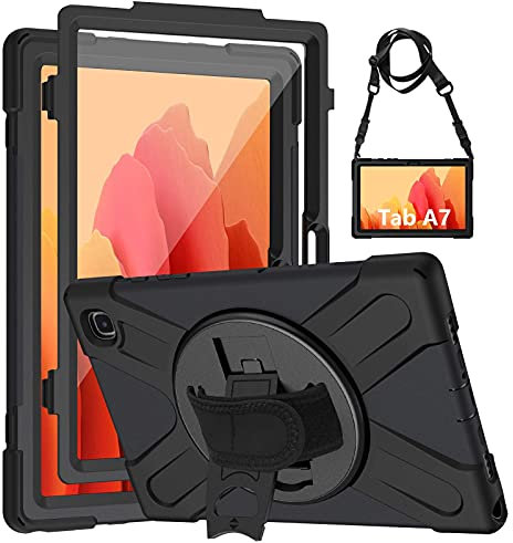 Gerutek Coque Antichoc pour Samsung Galaxy Tab A7 10.4 2022/2020 avec Protection d'écran,Support Rotatif, Bandoulière et Bandoulière, Protection Housse pour Galaxy Tab A7 SM-T500/T503/T505/T507, Noir