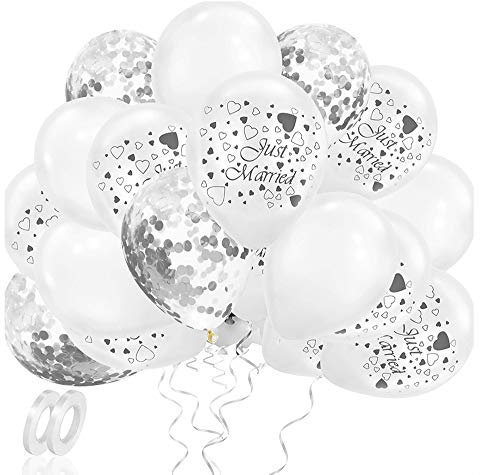 50 Stück Luftballons Silber Weiß, 12 Zoll Konfetti Helium Balloons, Hochzeit Luftballons Just Married, Latex Ballons Set mit Silber Band für Verlobung Heiratsantrag Party Dekoration