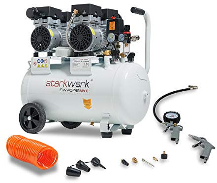 Starkwerk SW 457/8 Flüster Kompressor Silent Kompressor 1,5kW Leistung !69 dB! 8Bar ölfrei Druckluft Kompressor leise Compressor Reifenfüller Ausblaspistole 5 m Spiralschlauch 8 teiliges Adapterset