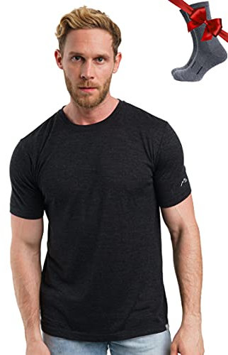 Premium Merino Shirt Herren Kurzarm - Thermooberteile 100% Merino Unterwäsche Herren + Wanderwollsocken (Charcoal Grey, Large)