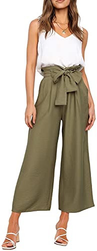 FANCYINN Damen 2 teiliges Crop Pants Set mit weitem Bein Wide Strap V-Ausschnitt Tank High Waist Cropped Paper Bag Hose mit Gürtel Olivgrün XL