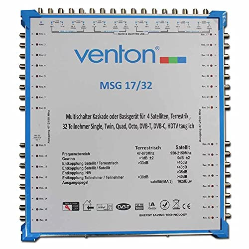 Venton Sat Multischalter 17/32 MSG I Multiswitch für bis zu 32 Teilnehmer I Sat-Verteiler 17 Eingänge 32 Ausgänge - UHD Full HD-TV 4K 3D I Empfang digitaler & terrestrischer Signale I inkl Netzteil