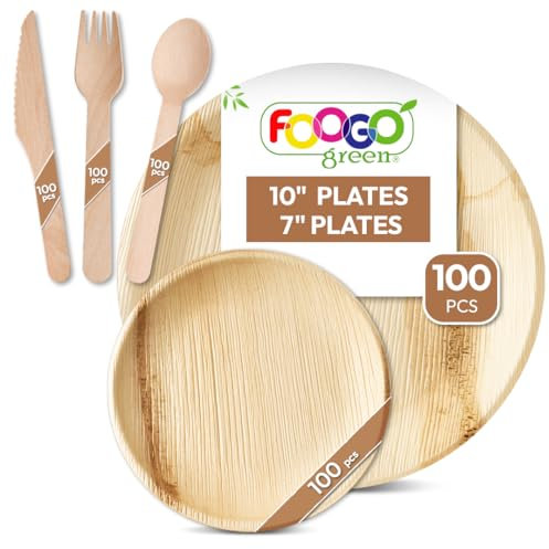 FOOGO Green 500pcs Disposable Palm Leaf Plates and Wooden Cutlery Set, FSC® Certified, 100x Large Round, 100xSmall Plates, 100xSpoons, 100xForks, 100xKnives, Eco Biodegradable