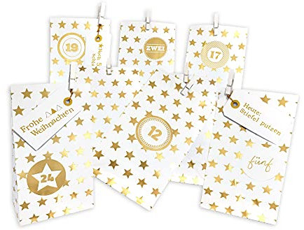 Frau WUNDERVoll® DIY Adventskalender zum Befüllen Weihnachtszeit, Blockbodenbeutel 12(L) x7(B) x24(H) cm weiß, goldene Sterne Ziffern gold/Weihnachten, Papiertüten, Kinder, Aufkleber