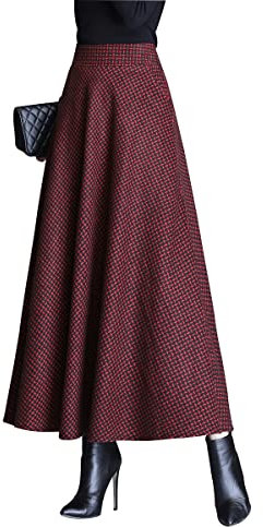 Damen Lange Rock Elegant Wollrock Winterrock Warm Plaid Casual Party Maxirock Hohe Taille A-Linie röcke Retro Elastische Taille Faltenrock Weinrot 1027 -L