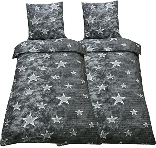 Leonado Vicenti 4 TLG Bettwäsche Seersucker Sterne Grau 135x200 cm Schlafzimmer Set Bezug Kissen Decke