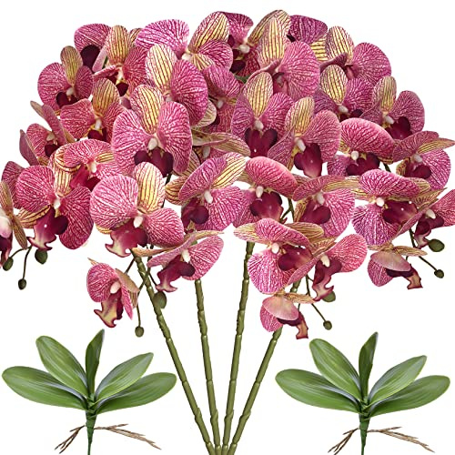 FagusHome 81.3 cm künstliche Phalaenopsis-Blumen, 4 Stück mit 2 Bündeln, künstliche Orchideenblumen, Stielpflanzen, künstliche Schmetterlinge, Phalaenopsis, Party, Dekoration (violetter Apfel)