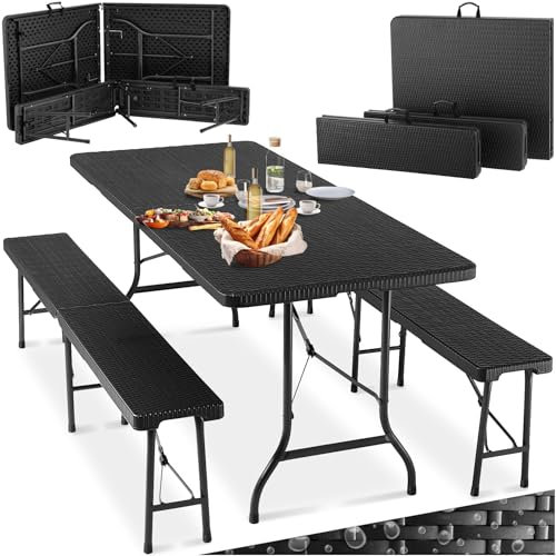 TecTake® Ensemble de Table Pliante Camping ou de Pique Nique et 2X Banc de Jardin en Acier Aspect Rotin, Compacte Table a Manger Tables à tapisser avec Poignée de Transport idéal Brocante