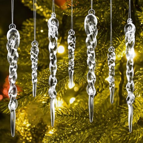 Kiiwah 32 Stück Eiszapfen Weihnachtsbaum Anhänger, Klare Acryl Eiszapfen Christbaumschmuck, Weihnachten Eiszapfen Hängende Ornamentes Winterdeko für Weihnachten Party Hochzeit Dekoration