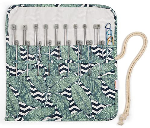 Coopay Knitting Needles Set with Case, Lightweight Knitting Needles Set Beginners, Metal Knitting Needles 25cm, Short Knitting Needle for Small Yarn Knitting Project, Leaf Print Knitting Needle Roll