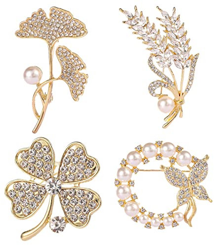 NANJIL Lot de 4 broches élégantes avec strass, trèfle à quatre feuilles, feuilles de ginkgo, papillons, motifs de blé pour femme, 6.0cm x 3cm/2.36 x 1.18, Métal