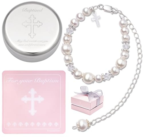 Tryuunion Baptism Bracelet in Sterling Silver and Cultured Pearls for Baby Girls, with Silver-plated Jewelry Keepsake Box, Great Catholic Christening and Baptism Gifts for Girl (Baptism-Girl)