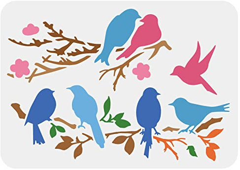 FINGERINSPIRE Love Birds Baumzweige Schablone 29.7x21cm Wiederverwendbare Vögel auf Zweig Muster Schablonen Mylar Tier Vogel Schablone für Malerei auf Wand, Holz, Möbel, Stoff und Papier