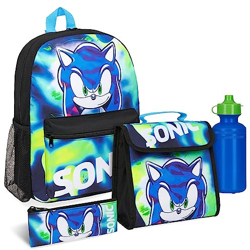 Sonic The Hedgehog Rucksack Kinder 4er Set Trinkflasche Federmäppchen und Lunchtasche Shadow Kinderrucksack Schule Zubehör (Sonic 4er Set)