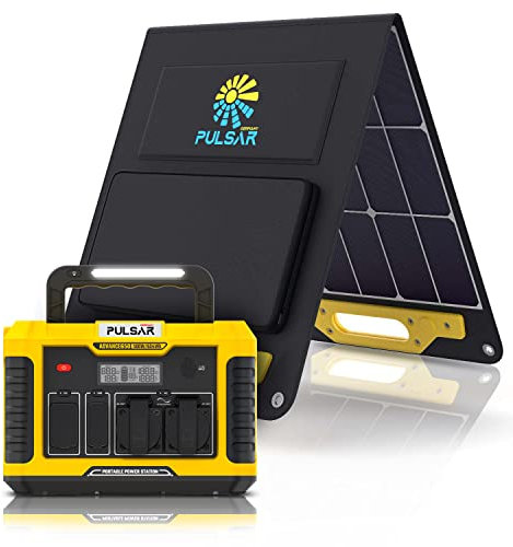 PULSAR Tragbare Powerstation 634Wh 500W Spitzenwert 1000W mit 100W Solar Panel Solargenerator Akku Versorgungsbatterie Stromgenerator für Notstromversorgung Camping Wohnwagen