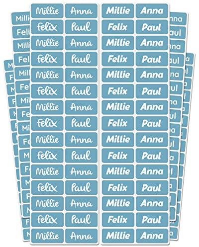 melu kids® Namensschilder für Kleidung & Gegenstände (60 Stück, einfarbig) Kindergarten/Schule - Namensaufkleber Kinder Wasserfest und Personalisiert - blau