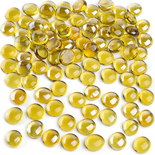 FUTUREPLUSX 1LB Yellow Flat Glass Marbles, Glass Beads Floral Pebbles Decorative Rocks Gold Gemstones Vase Fillers for Centerpieces Table Scatter Aquarium Fall Home Decor