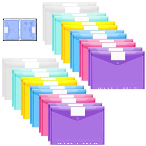 24 Stück A4 Dokumentenmappe 11 Loch Dokumententasche Transparent 6 Farbe | Dokumentenmappe mit Druckknopf Dokumentenordner mit Beschrifteter Dokumentenmappe Kunststoff Wasserdichte Dokumententasche