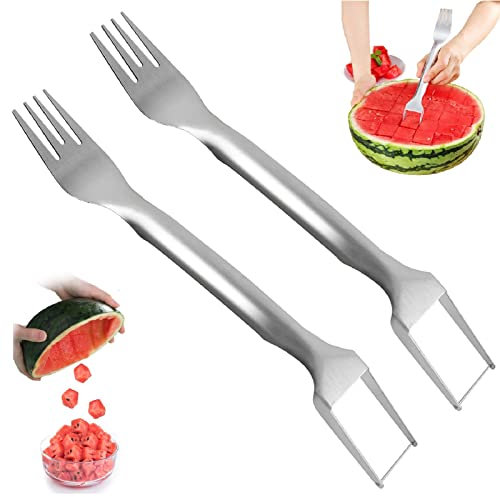 Tenedor Cortador de Sandía,Inoxidable 2 en 1 y Tenedor para Cortar Frutas,Tenedor de Corte de Frutas,Cortador de Tenedor de Sandía de Acero,2Pcs Herramienta de Corte de Cubo de Melón,para Fiesta