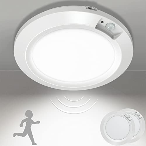 Bemexred Luz LED Nocturna con Sensor Movimiento, 6000K Lampara de Techo a Pilas con Sensor de Movimiento Luz Armario para Escalera, Baño, Despensa, Cocina, Armario, Pasillo - 2 Piezas