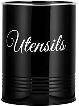 Innoteck Essentials Metal Utensil Crock Holder - Farmhouse Countertop Décor - Utensil Pot - Kitchen Utensil Storage Caddy Organizer - Non-Slip - For spoons, spatulas, forks, knives (Black)