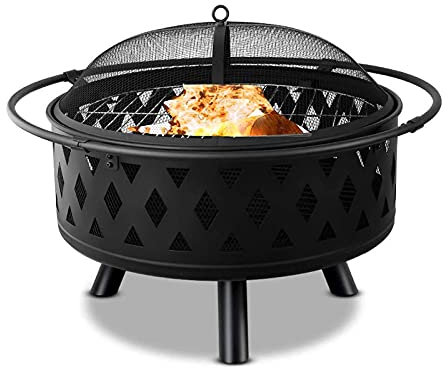 ZAANU 32 Zoll große Feuerstelle, kreuzgewebte Feuerstelle für den Außenbereich, runde Feuerstelle mit Gitter, Schürhaken, Terrasse, Lagerfeuer, Grill, Feuerstelle
