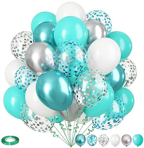 Luftballons Türkis Silber, 12 Zoll Blaugrün Hell Blau Grün Silber Weiß Konfetti Latexballon Deko Set, Türkis Weiss Silber Helium Ballon für Jungen Taufe Geburtstag Babyparty Hochzeit Party Dekoration