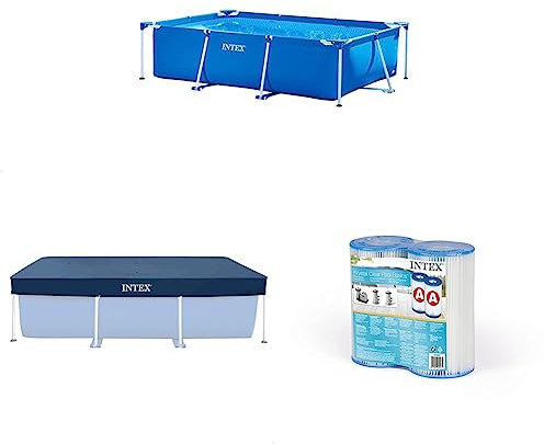 Intex 28272 Metal Frame Rectangular Outdoor Swimming Pool & Intex Debris/Weather Cover for 3metre x 2metre Frame Pools & Intex 0775431 Filter Cartridge for Swimming Pool Blue