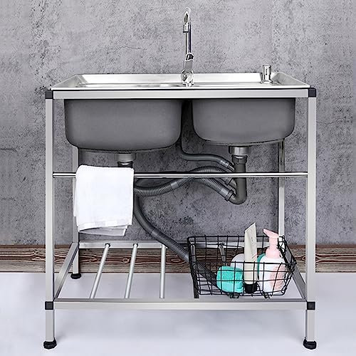 Évier d'extérieur Évier de cuisine utilitaire commercial à double cuve, évier en acier inoxydable avec support et robinet, lave-mains pour garage intérieur extérieur