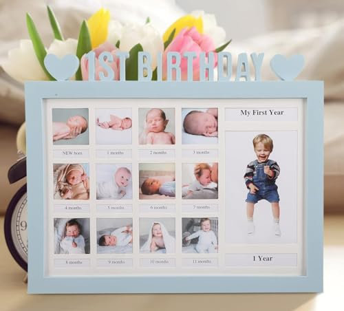 AIDIER Baby Bilderrahmen Erinnerung für Erste Jahr 12 Monate Fotorahmen Collage für 12 Fotos Fotocollage Baby Geburtsgeschenk für Neugeborene Babyparty Ersten Geburtstag Geschenke