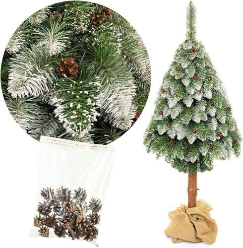 FKL DESIGN Home Deco Árbol de Navidad artificial con tronco de madera auténtica, decoración navideña, color verde con efecto nieve, 120 cm