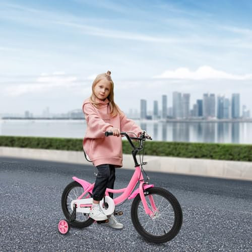 Qussse Kinderfahrrad 16 Zoll Jungen Mädchen Kohlenstoffstahl-Legierung Fahrrad ab 4-8 Jahre Kinder fahrräder Höhenverstellbar Kinderfahrräder mit Stützrädern Hilfsrad Rad (Rosa)