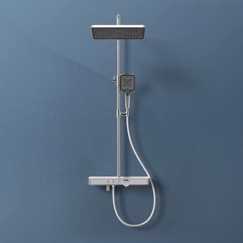 EMKE Colonna doccia con miscelatore termostatico, ripiani in vetro 45 x 13 cm, doccetta, 3 tipi di getto, doccia a pioggia, bocca di erogazione, montaggio a parete, colonna doccia termostatica, cromo