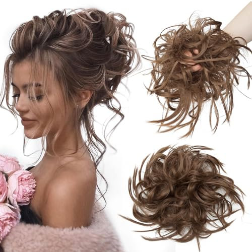 TESS Haargummi mit Haaren VOLUMINÖS Messy Bun Haarteil Dutt 45g Haarteil mit Gummiband für Frauen Mädchen (Aschbraun)