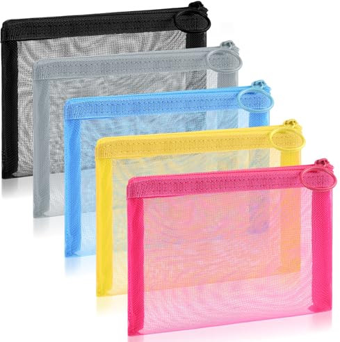 Amabro Kosmetik Reißverschlusstaschen Paket, 5 Farben Nylon Mesh Reißverschlusstaschen zur Organisation der Aufbewahrung Reißverschlusstasche für Bürobedarf Reisen Zuhause Brettspiel Puzzle