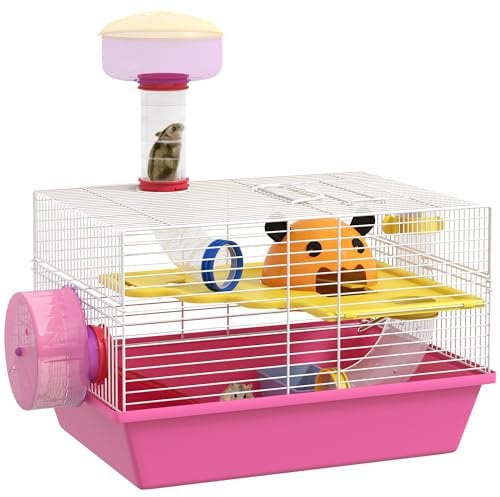 PawHut Cage à Hamster Rat Rongeur avec Plateforme, biberon Eau, Roue, maisonnette, 34 x 27 x 25 cm, Rose