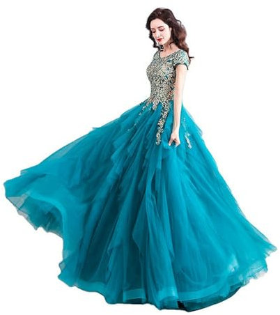 YIMAIWLX dresses Women's Short Sleeve Embroidery Empire Waist A Line Floor Length Elegant Long Formal Evening Party Dresses-blue-s