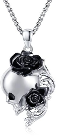 OHAYOO Totenkopf Kette Silber 925 Skull Anhänger Halskette Gothic Totenkopf Blumen Schmuck für Damen Herren