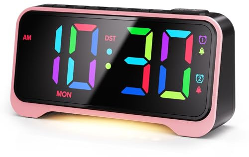 Wecker Digital RGB Farbiger für Kinder Ohne Ticken, Wecker Mädchen, 10 Farben LED-Anzeige, Helligkeit Einstellbar, DST, 12/24h, USB-Ladeanschluss, Speicherfunktion, Dual AIarm, Schlummerfunktion