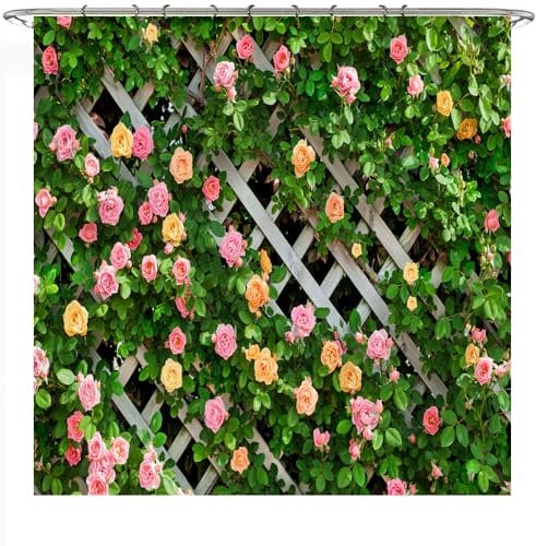 AONIYOU Cortina de ducha con diseño de flores, color verde, material de poliéster impermeable, telón de fondo 3D, accesorios de jardín, baño, cortinas florales para decoración del hogar con 12 ganchos